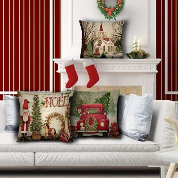EcoTrade Christmas Square Pillow Covers | Set of 4 | 20"x20" | Faux Linen - Picture 3 of 3